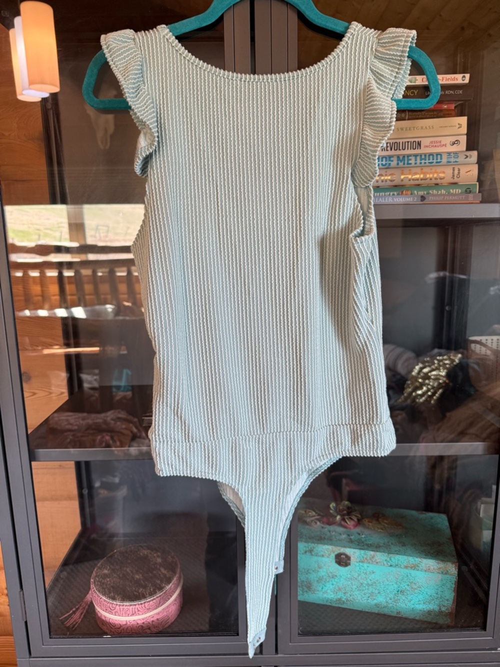 ANDTHEWHY Light Blue Ribbed Ruffle-Shoulder Tank Bodysuit - Picture 2 of 3